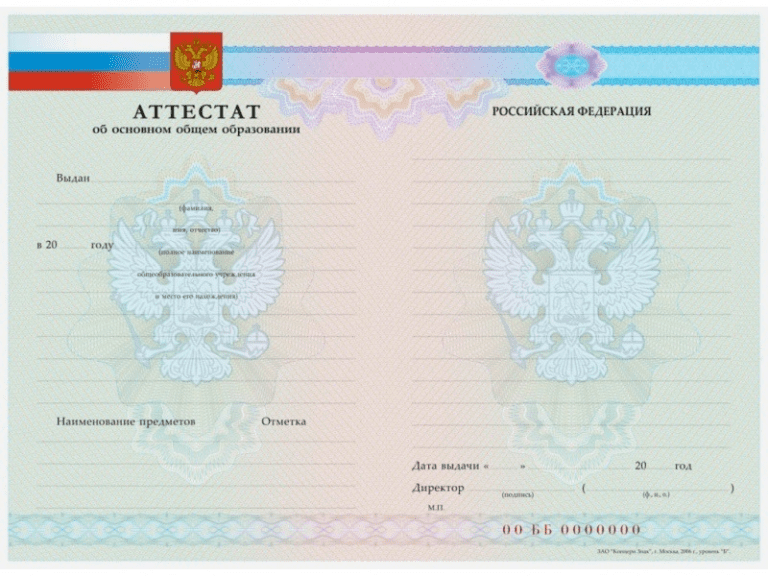 Аттестат за 9 классов с 2007 по 2009 год